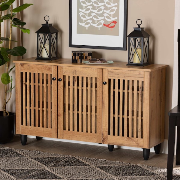 Baxton Studio Fernanda Modern and Contemporary Oak Brown Finished Wood 3-Door Shoe Cabinet 189-11990-ZORO - main